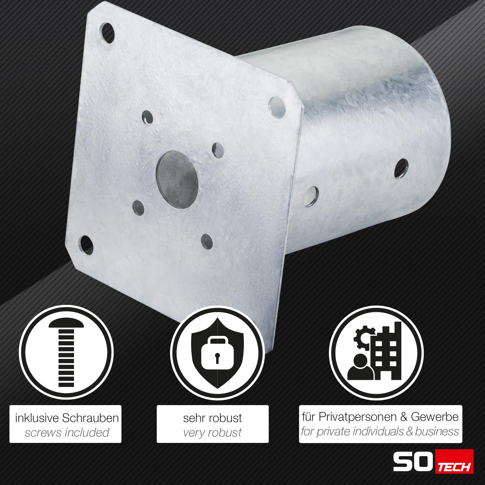 SOTECH JUEGO de 2 anclajes roscados, redondos Ø 100 mm, 152 mm de altura, acero galvanizado en caliente, toma de tierra para madera redonda - ideal para uso en exteriores
