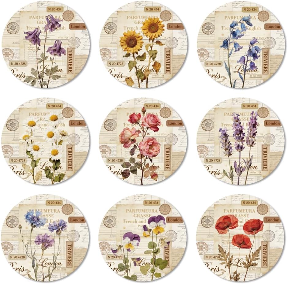 ANATTASOUL Round Wooden Coasters Pack of 9 Vintage Flowers Collage Wooden Coasters Reusable Coasters Glasses Cup Coaster Mat for Home Office and Bar Table Decoration Summer