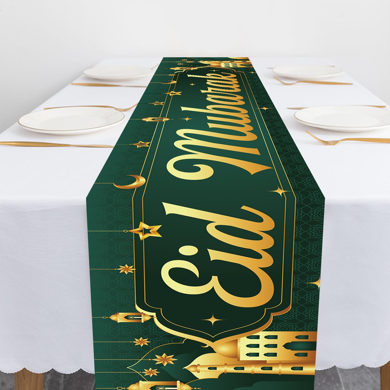 Eid Mubarak Table Runner Ramadan Decorations 180 x 35cm Eid Ramadan Mubarak Table Runner Eid Placemat for Home Dining Islamic Happy Festival Party Decor Supplies (Green)