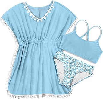 Girls Swimsuits Floral Bikini Kids Bathing Suits Sets 3 Piece Blue Daisy Tankini Outfits Swim Cover UP with Pom Pom Trim Size 8