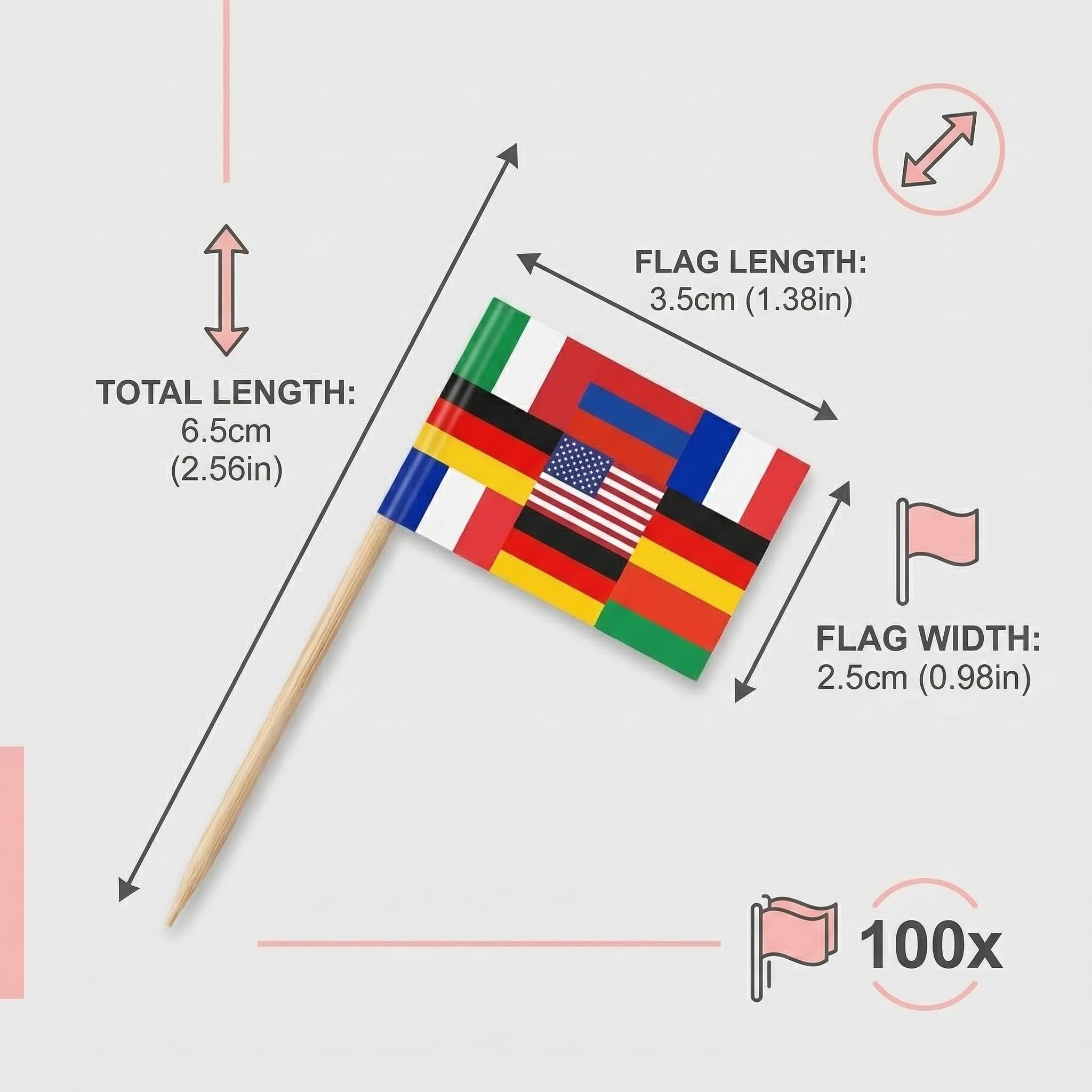 100 stuzzicadenti con Bandiere internazionali, contenenti 100 Bandiere del Mondo, Perfetti per Cocktail Party, Mondiali, Campionati Europei e Decorazioni per Feste.