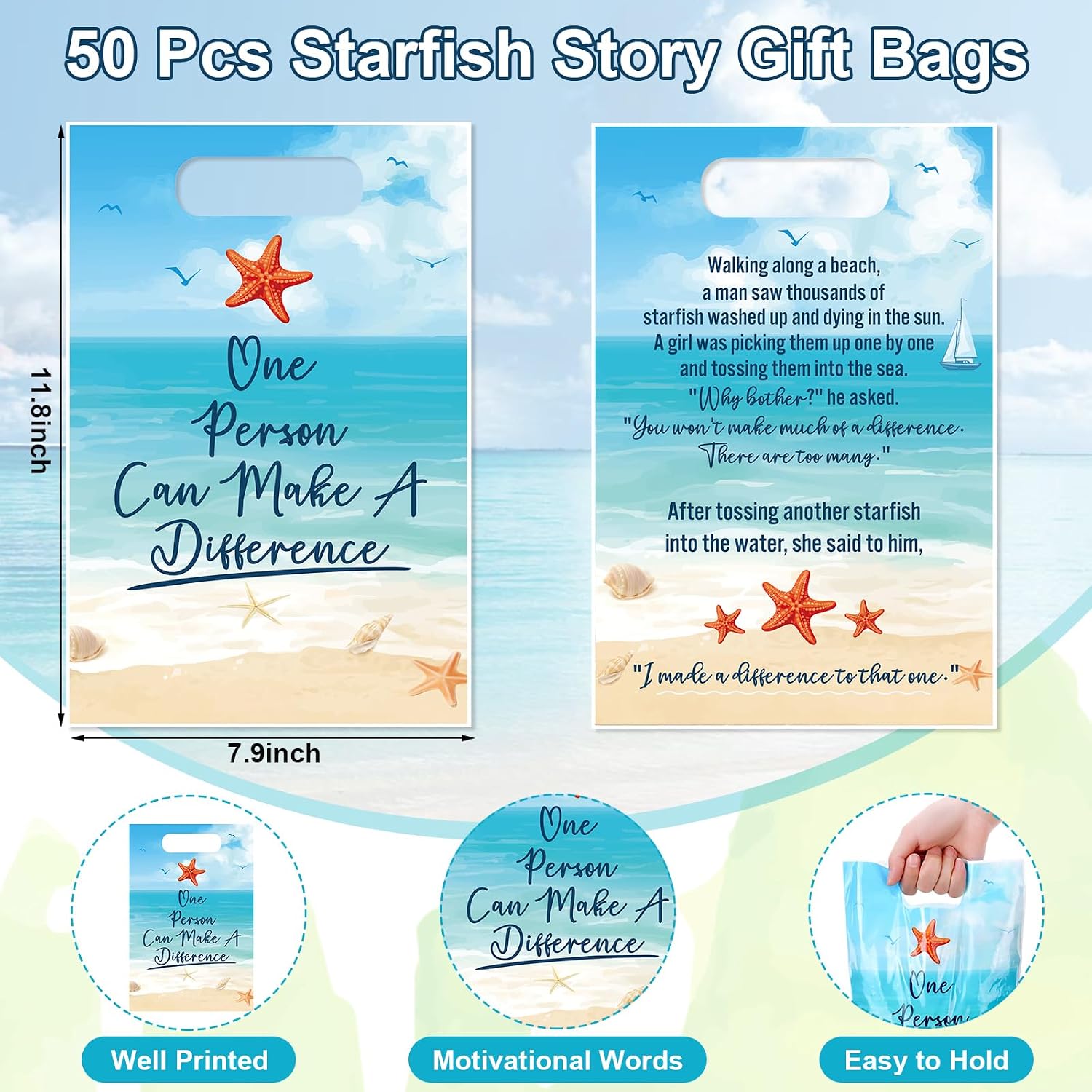 Panelee 50 Pieces Starfish Story Gift Bags with Handles Plastic One Person Can Make a Difference Inspiring Treat Goody Candy Appreciation Gift Bags for Teachers Staffs Volunteers Nurse Presents image 2
