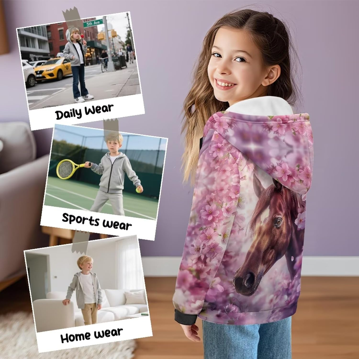 WELLFLYHOM Horse Graphic Hoodies 6-16 Fleece Lined Kids Girls Zipper Sweatshirt Long Sleeve Cardigan Hoodie with Pocket