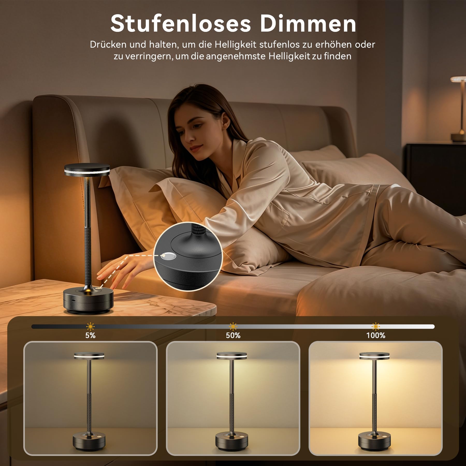 2 Stück Aluminium LED Tischlampe Kabellos, IP54 Wasserdicht 5000mAh Tischleuchte Kabellos mit Memory Funktion, Nachttischlampe Touch ohne Kabel mit 3 Farbtemperatur für Abendessen Restaurant (Schwarz)