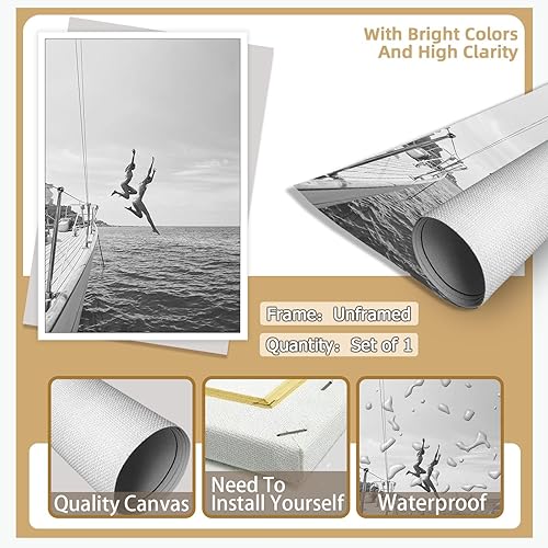 Miniatura 7 de ZHIXQMG Póster retro moderno de los años 80 en blanco y negro, lienzo de playa en blanco y negro, arte de pared, verano, océano, vela, barco, yate,