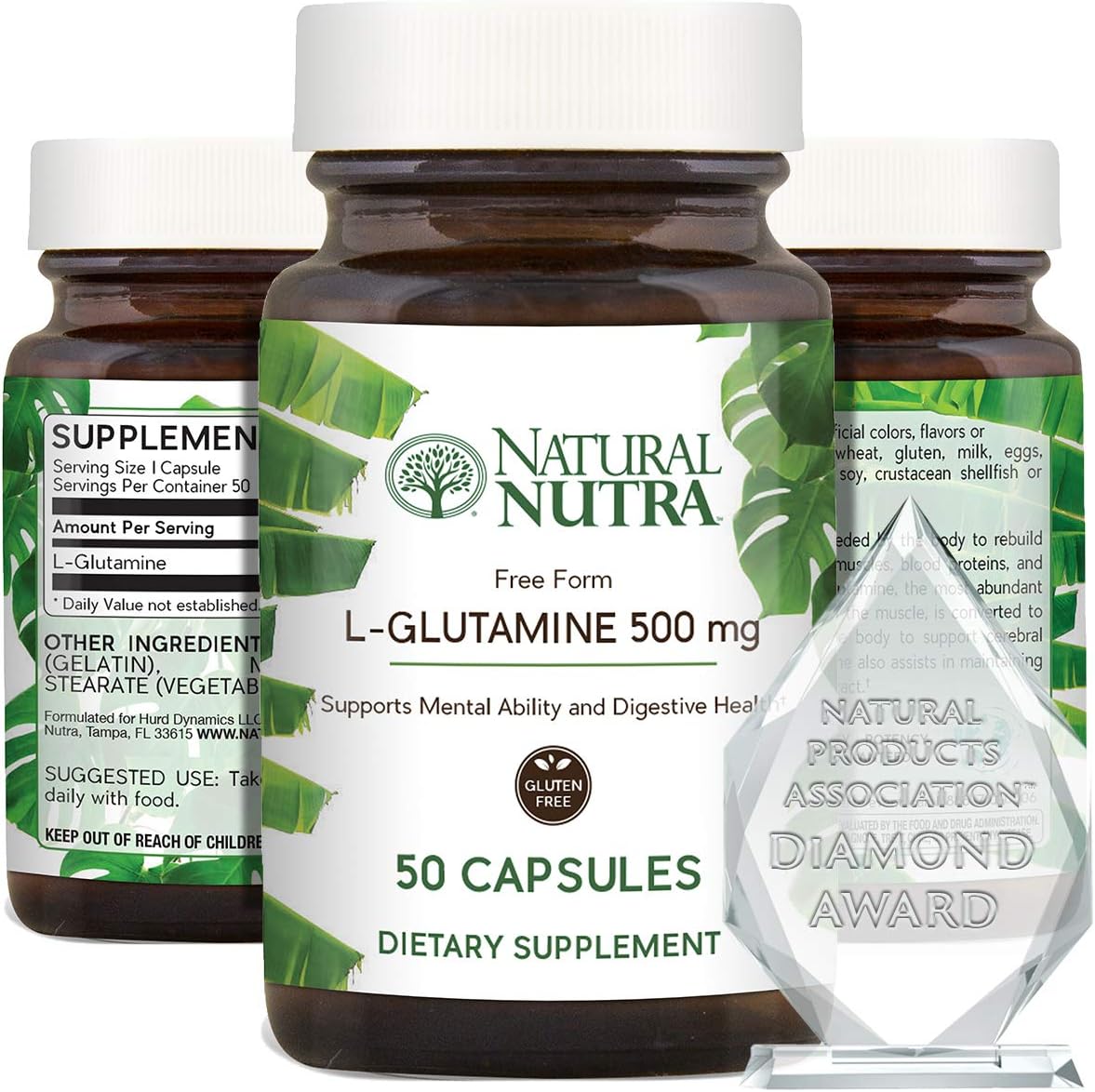 Natural Nutra L Glutamine 500 mg Capsules, BCAAs Amino Acids Supplement, Essential Muscle Builder, Recovery and Repair, Supports Memory, Focus, Brain and Gastrointestinal Health, 50 Capsules : Health & Household