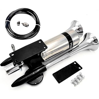 Auto Schiffshorn - Verl ngern Sie den Sound Lufthorn Lautsprecher Silber Doppelrohr Metall Super Laut mit Edelstahl Lufttank Geeignet f r 12V 24V Zug Schiff Moto Truck
