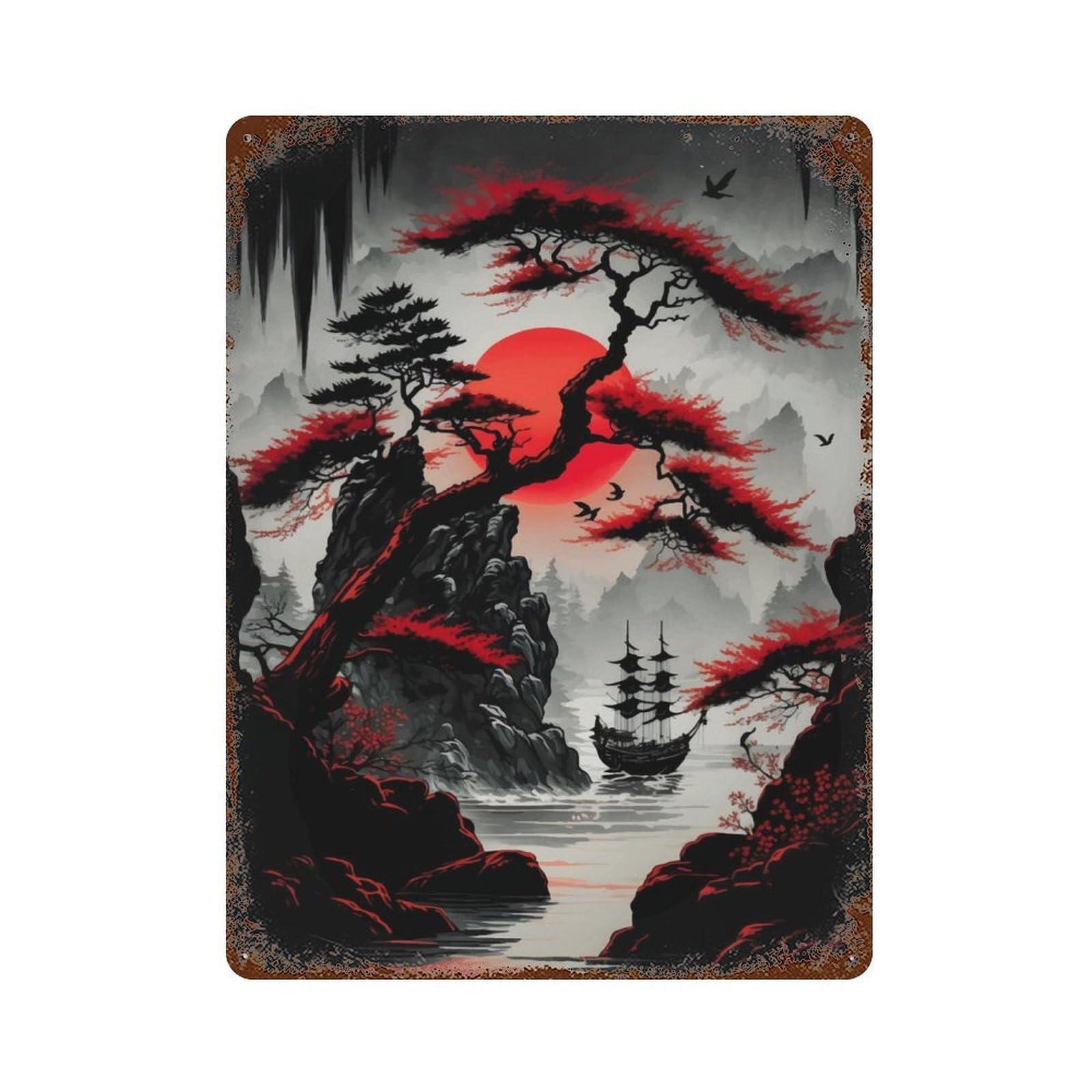 Rust Effect Red Moon Japan Rustic Tin Plaque 15.7"x11.8", Decorative Metal Wall Art for Farmhouse, Kitchen And Entryway Decor