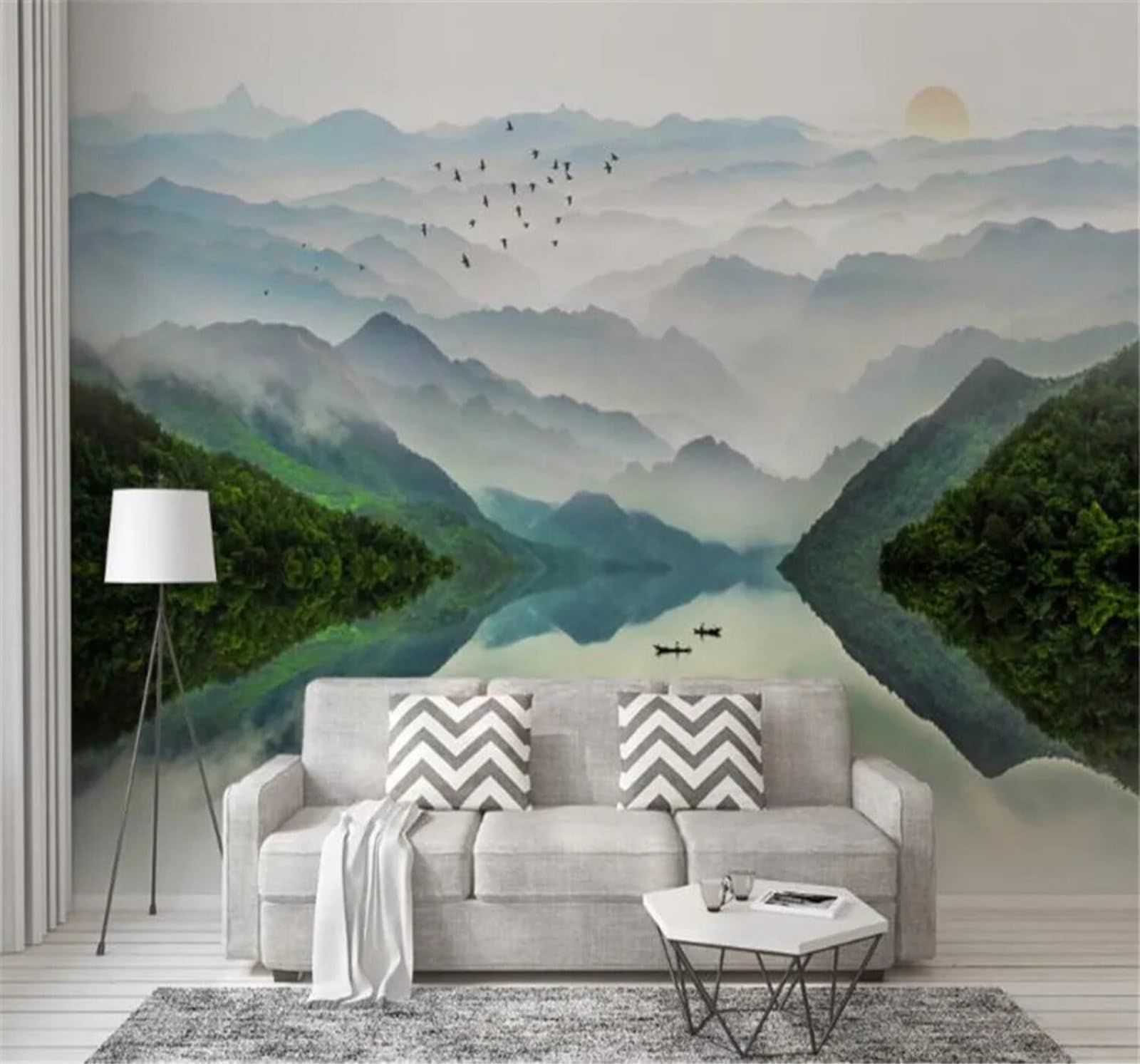 Tzxztt Fresh Ink Wash Landscape Poetic Atmosphere Scenery Modern 3D Wallpaper Premium Textured Silk Neutral Tones Material Ideal for Living Room Bedroom-150cm×105cm