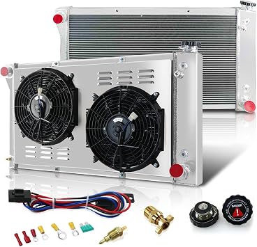3/4 Row Core Aluminum CU369 RR369N Radiator + 2 x 12" Fan Shroud w/Relay Compatible with 1967-1972 68 69 70 71 Chevy C10 C20 K10 K20 K30 Pickup Trucks and GMC 3 Row Radiator Fan Shroud