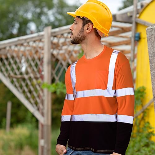 Miniatura 6 de Zhanmai Paquete de 6 camisas de alta visibilidad clase 3 reflectantes de seguridad Hi Vis camisa de manga larga que absorbe la humedad con bolsillo