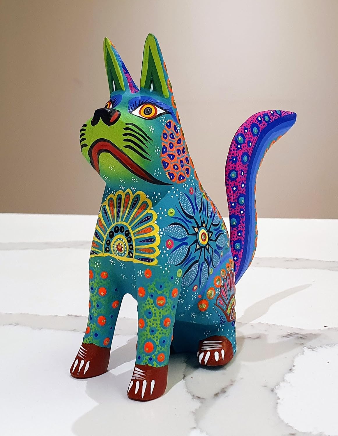 ALKIMIA INC Mexican Alebrije Standing Dog Wood Carving Handcrafted Sculpture (Turquoise)