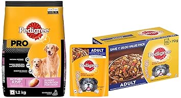 Pedigree Adult Wet Dog Food, 15 Pouches ( 15 X 70 g ) & Pedigree PRO Expert Nutrition Lactating/Pregnant Mother & Pup (3-12 Weeks),Chicken, 1.2kg Pack