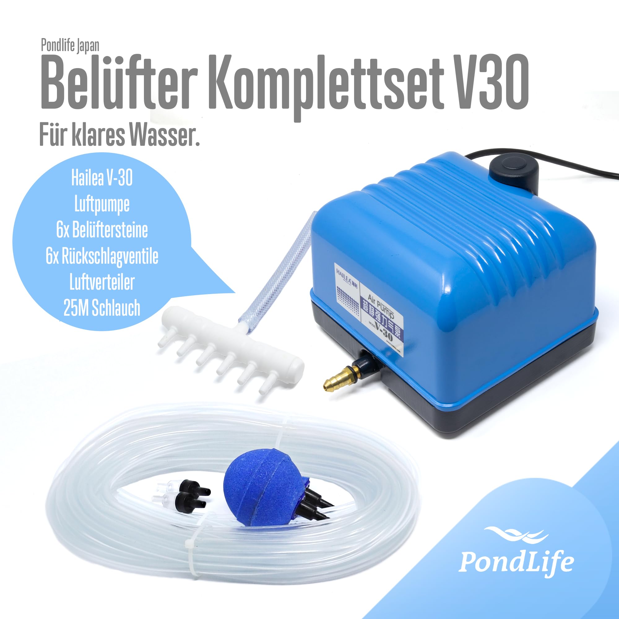 Pondlife Belüfter Komplett Set V-30 - Leistungsstark - Qualitativ - Luftverteiler - Belüftersteine - Schlauch inkl.