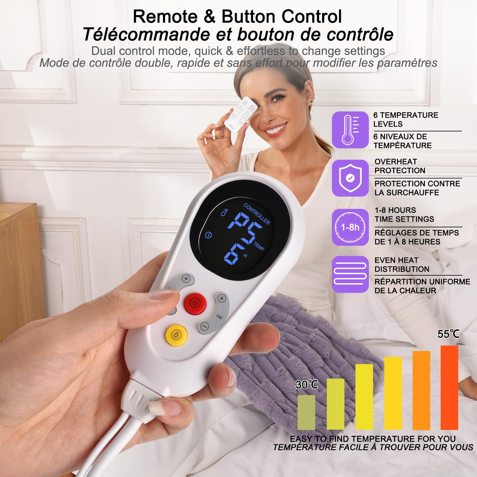 GOBRILLFUN Smart Control Heating Pad con telecomando e blocco bambini, lussuoso tappetino riscaldante elettrico per schiena, gambe, ginocchia, 6 livelli e 5 impostazioni timer, 40x80 cm (viola)