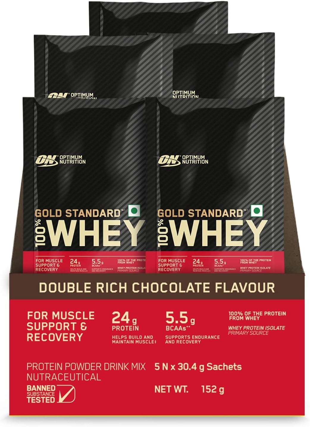 (ON) Gold Standard 100% Whey Protein - 5 X 30.4 g (Double Rich Chocolate) Single Serve Sachets, for Muscle Support & Recovery, Vegetarian - Primary Source Whey Isolate