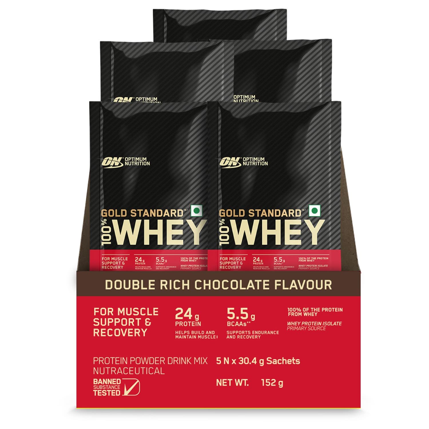 Optimum Nutrition (ON) Gold Standard 100% Whey Protein - 5 X 30.4 g (Double Rich Chocolate) Single Serve Sachets, for Muscle Support & Recovery, Vegetarian - Primary Source Whey Isolate