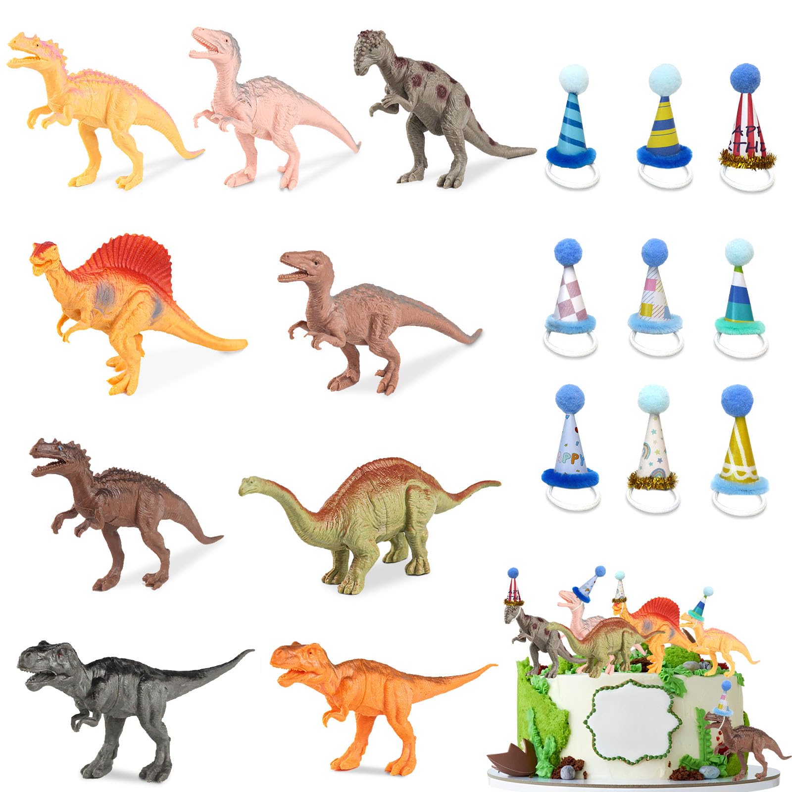 Dinosaur Cake Toppers, Dino Cake Toppers, 18PCS Dinosaur Figure Set, Decorations Set with Mini Birthday Hat