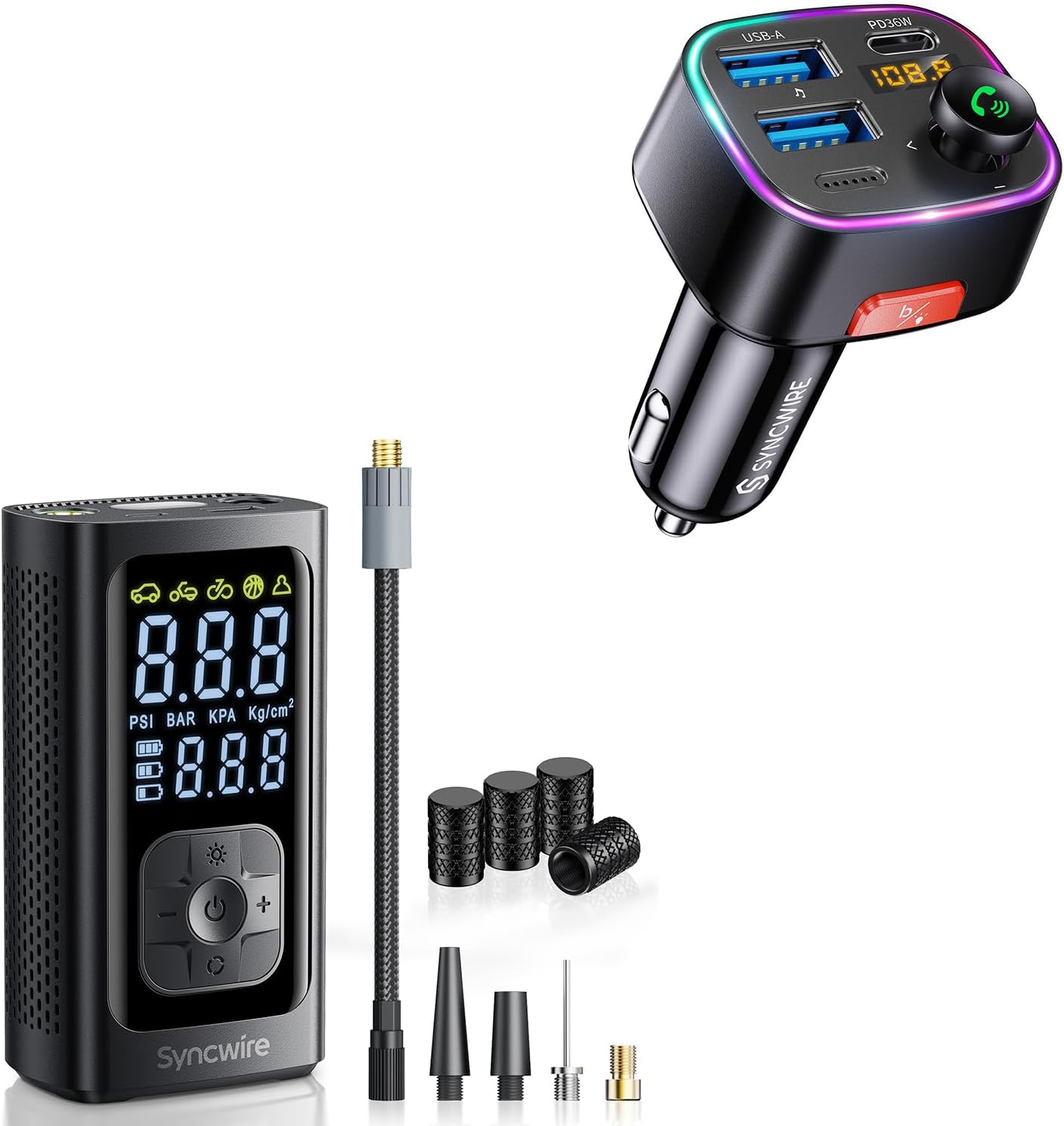 Syncwire Bluetooth FM Transmitter and Tire Inflator Portable Air Compressor