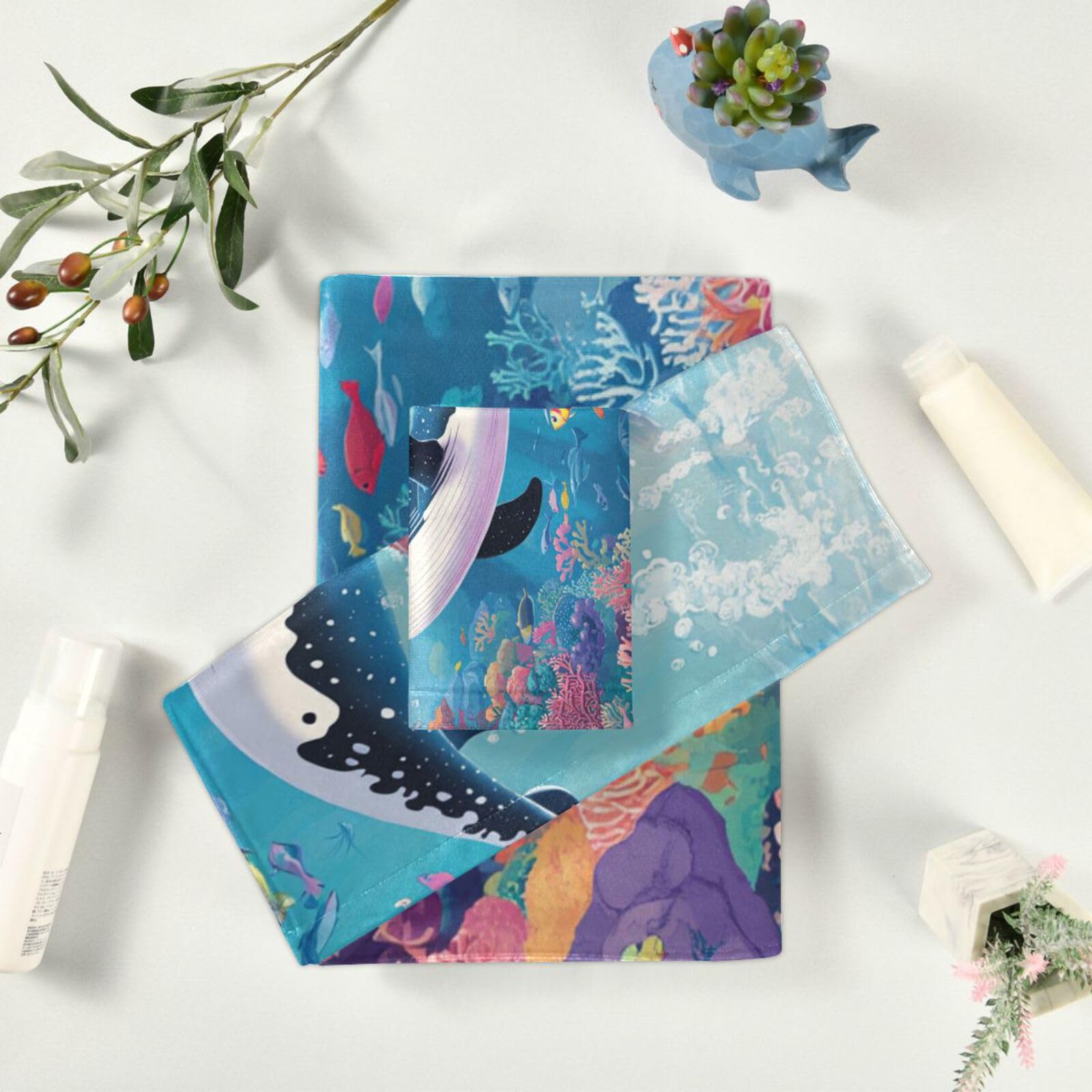 Gesichtshandtücher-Set, Motiv: Walfisch, Cartoon, Meerestiere, schnell trocknend, 3-teilig, 1 Badetuch, 1 Handtuch, 1 Waschlappen für Badezimmer und Küche