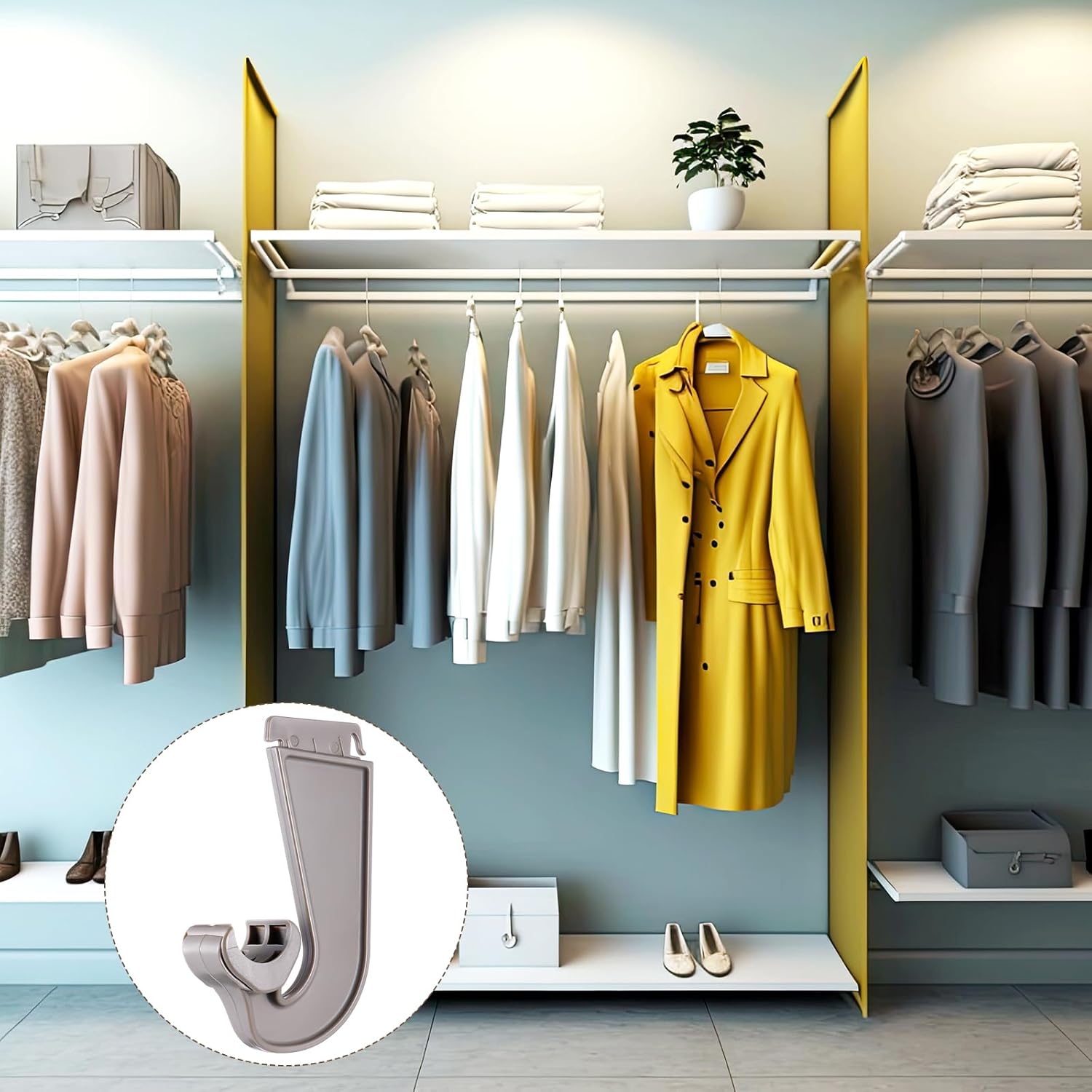 Wonderjune 4 Pcs closet rod hooks Plastic Snap-in Support Brackets Champagne J-Shaped closet rod bracket for Hanging Clothes Cabinets Storage and Curtain