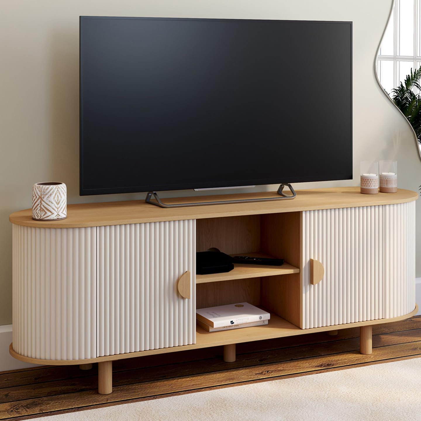 IDMarket - Meuble TV 140 cm KANEL 2 Portes Effet cannelé Beige et Bois