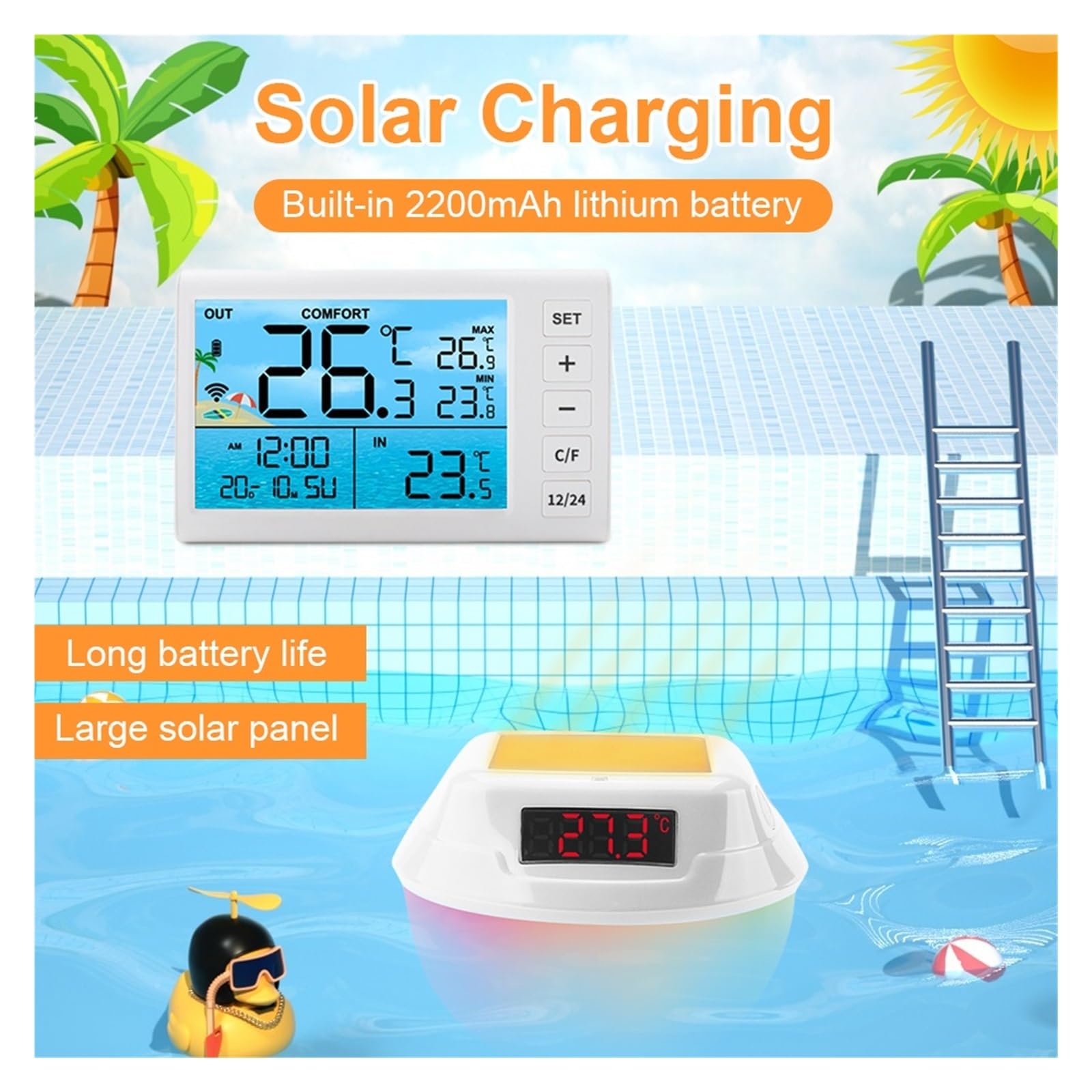 ThermomèTre De Piscine Thermomètre De Piscine Solaire Numérique Sans Fil, Thermomètre Flottant De Température De Piscine, Étanche IP68, Facile À Lire, For Piscines, Étangs Et Jacuzzis Facile à Utilise
