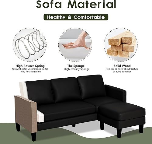 Miniatura 4 de Sofá modular convertible de cuero en forma de L con diván reversible, moderno sofá modular de 3 plazas para sala de estar, espacios pequeños (negro