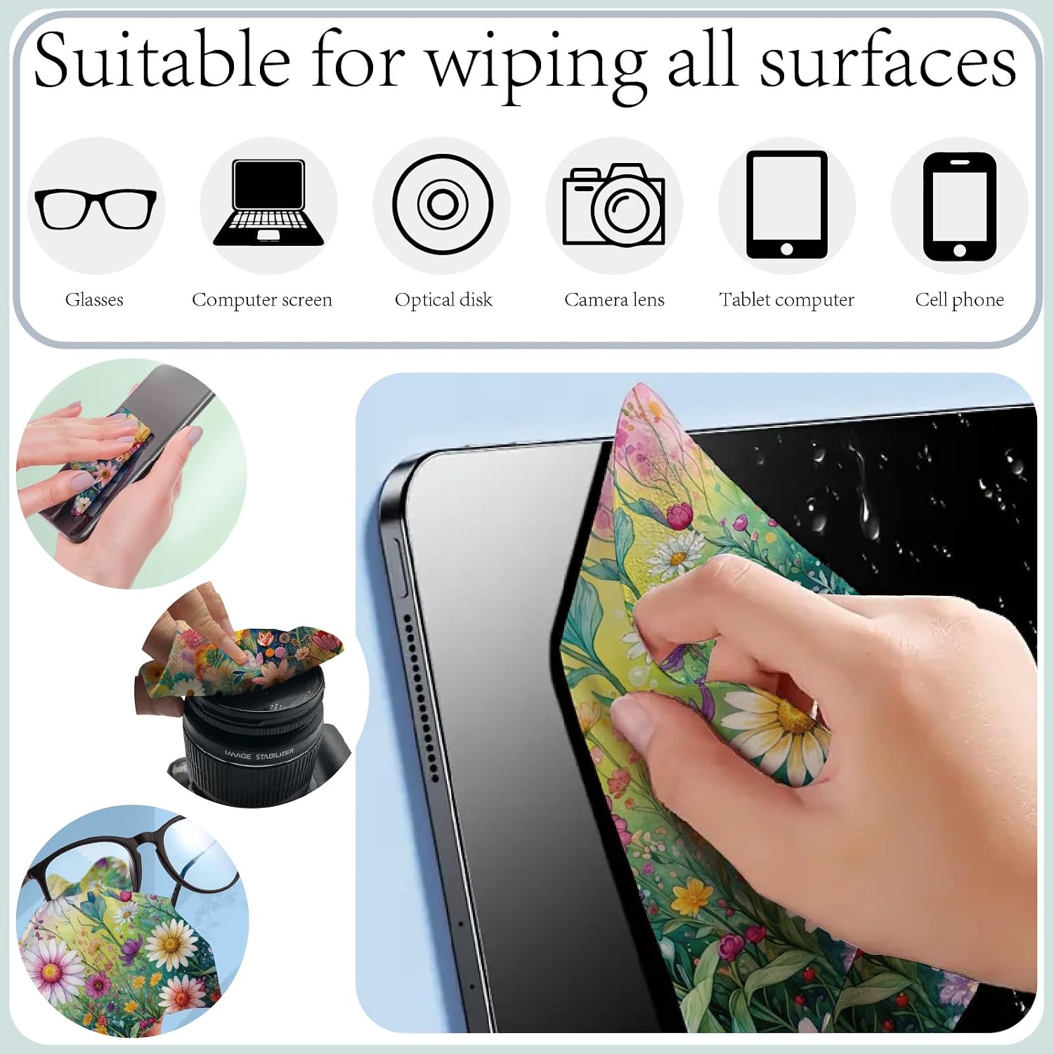 CREATCABIN 6 Pcs Floral Microfiber Glasses Cleaning Cloth Reusable Thicken Sunglasses Cloth Soft Multicolor Eyeglasses Cleaner Wipes Washable for Camera Cell Phone Screens Glasses Gift 6x6in image 5