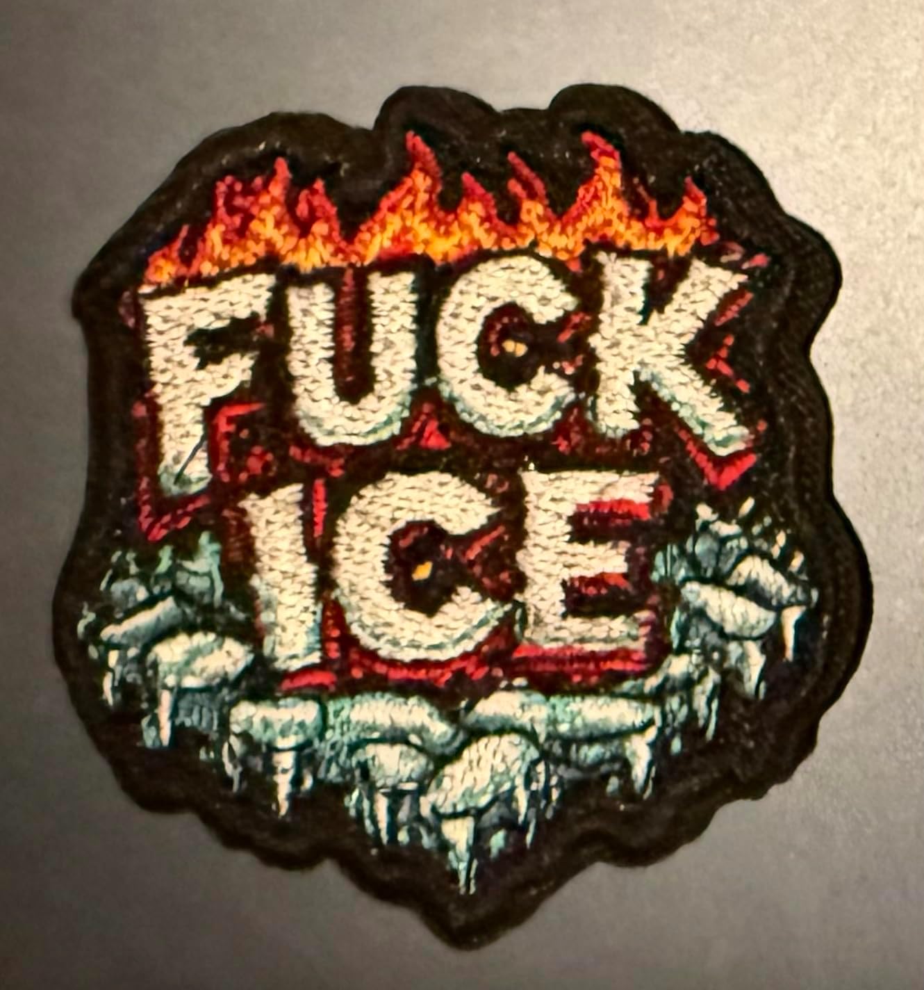 Fuck ICE Embroidered Patch with Flames and Ice Design. Anti-ICE.