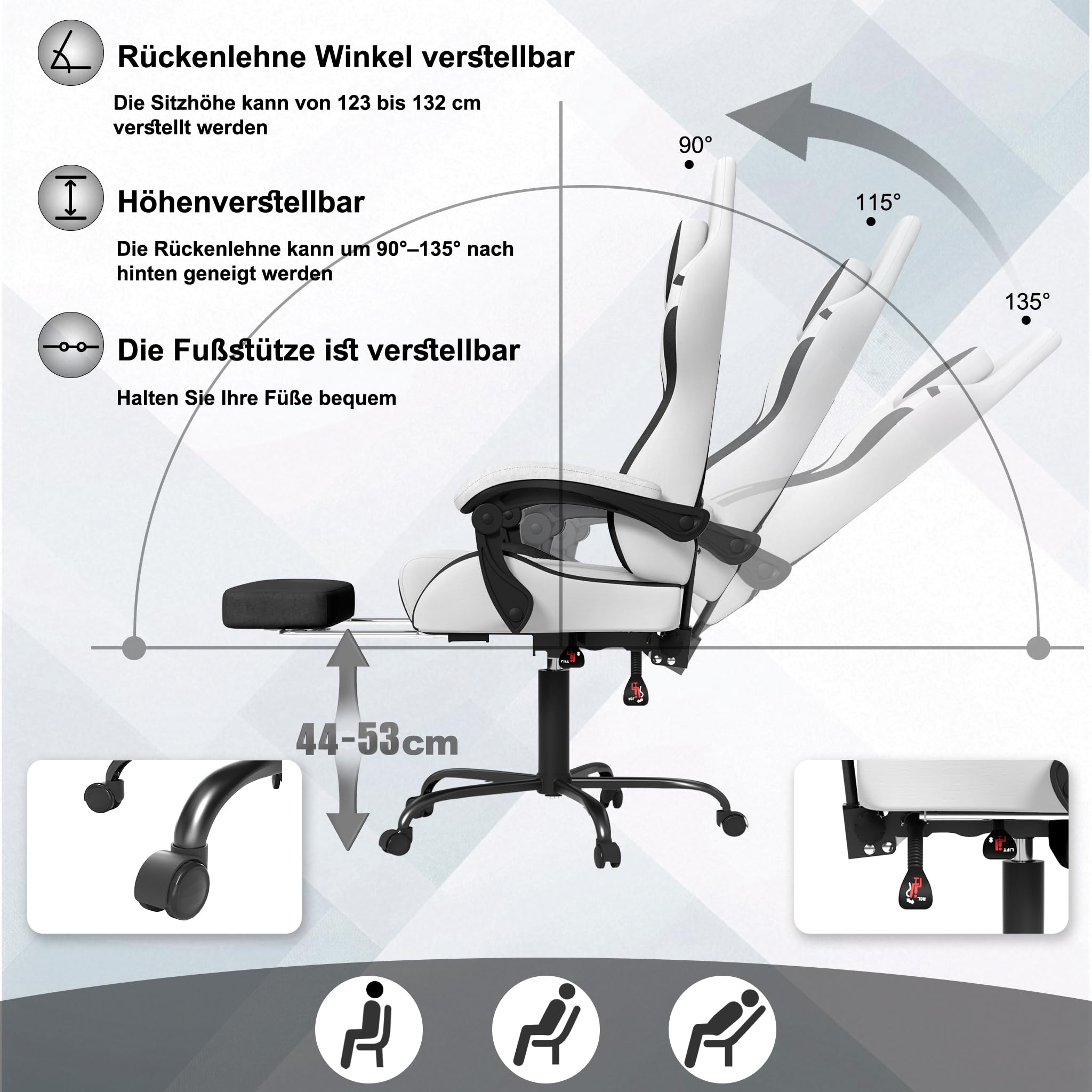 Fotel gamingowy z masażem wibracyjnym i podnóżkiem, ergonomiczny fotel e-sportowy z poduszką, podłokietnikami, krzesło biurowe, do 135 kg, z regulacją wysokości, biały, welurowy