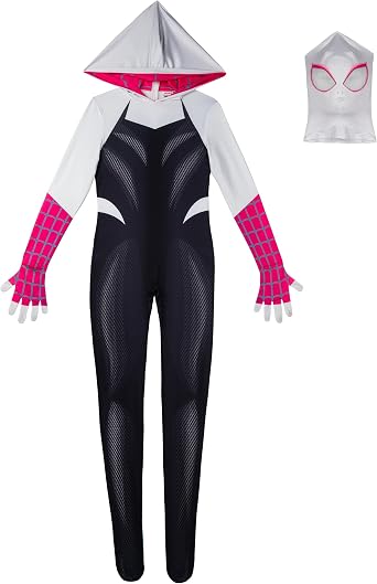 MARVEL Spider-Gwen Official Adult Zentai Halloween Costume - Hooded Spandex Jumpsuit with Printed Design and Pull On Mask