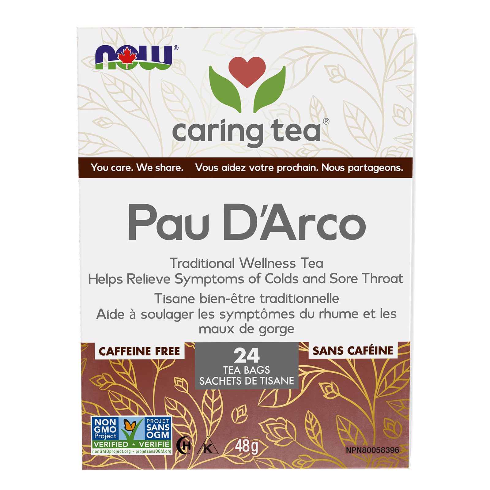 NOW Caring Tea™, Pau D'arco Traditional Wellness Tea, Premium Unbleached Tea Bags with our no-staples design, 24 Count