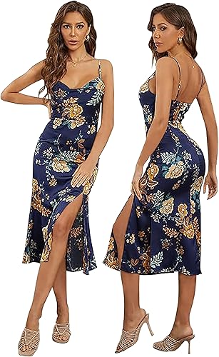 Tsher Vestido de satén para mujer, tirantes delgados, cuello holgado, espalda descubierta, formal y largo por debajo de la rodilla, para fiesta,