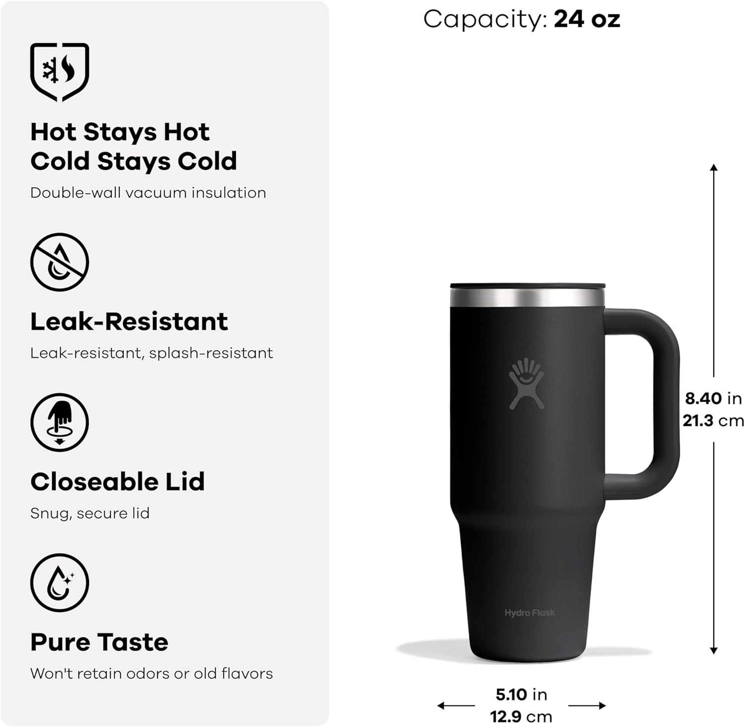 Hydro Flask Coffee Travel Tumbler Mug – Insulated Stainless Steel, Leak Resistant Hot & Iced Coffee Cup 24 Oz Capri Blue