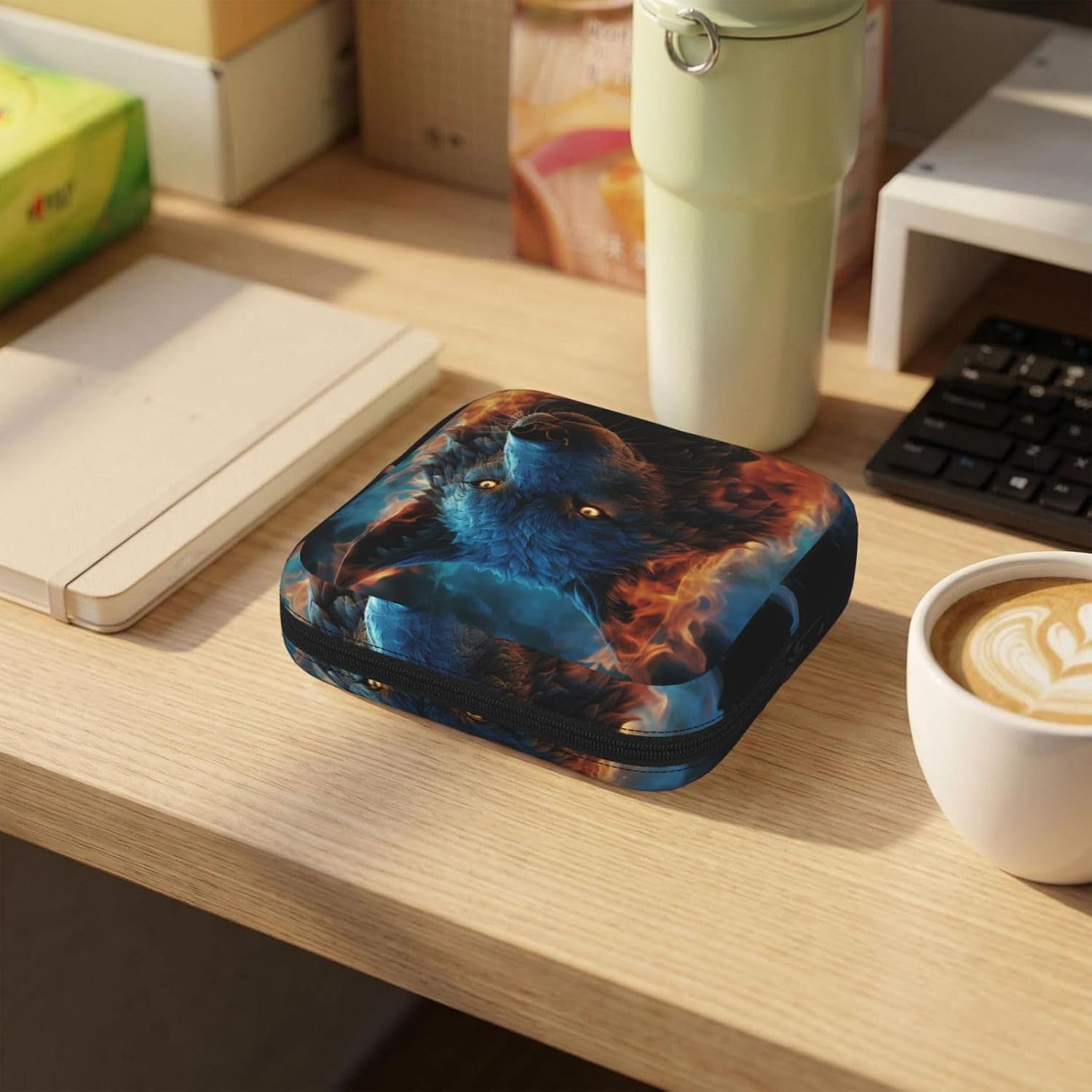 Period Bag Pouch for Women,Sanitary Napkin Storage Bag Portable Period Pad Pouch Small Make Up Bags Wolf Head In Blue Flames Tampon Holder For Purse Travel Daily Use image 5