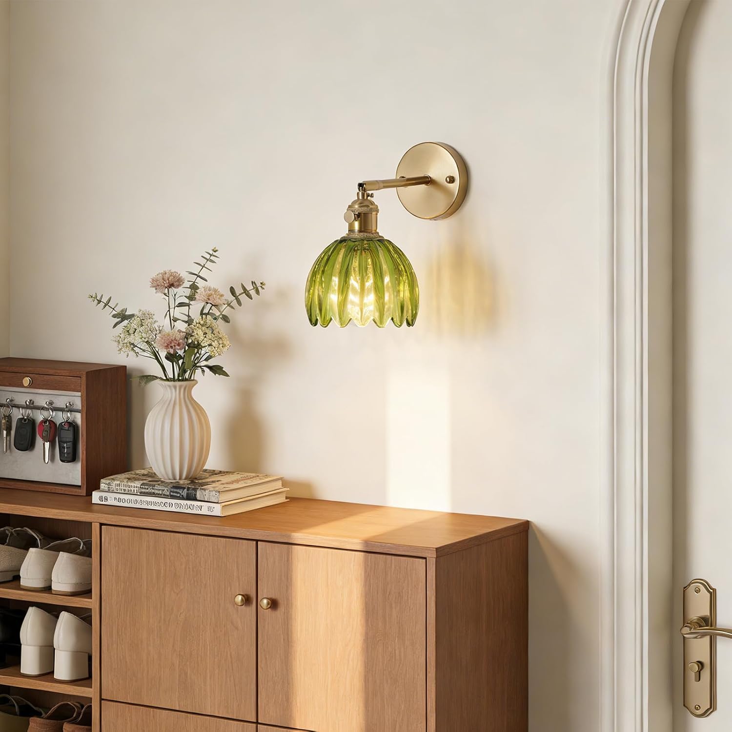 Vintage Wall Sconce, Cute Green Tulip Glass Lampshade Hardware Powered Wall Light for Bedside Bedroom Doorway Living Room, Set of 2 （E26 Bulb）