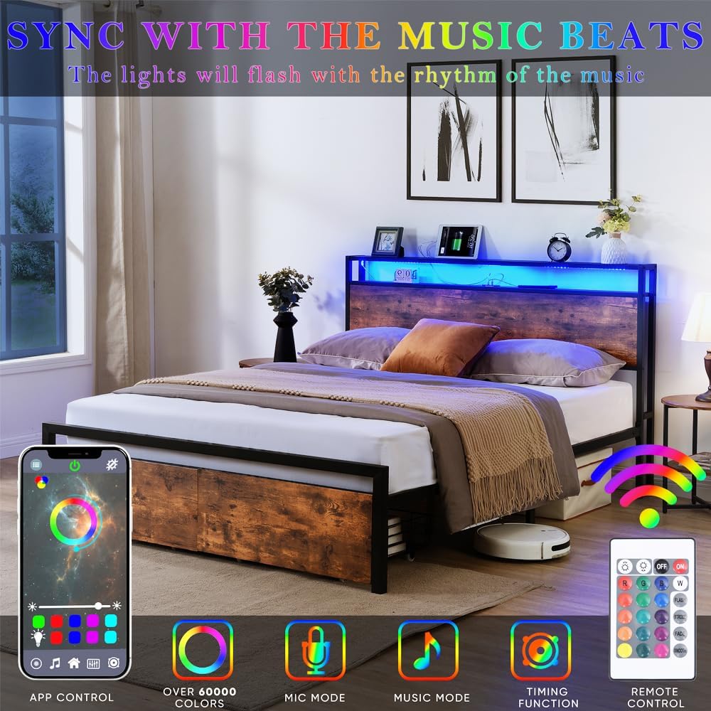 Queen Size Bed Frame with Storage Drawers and 3 USB Ports, LED Queen Bed Frame with Headboard, Metal Platform Bed No Noise, Mattress Foundation, No Box Spring Needed (Black, Queen)