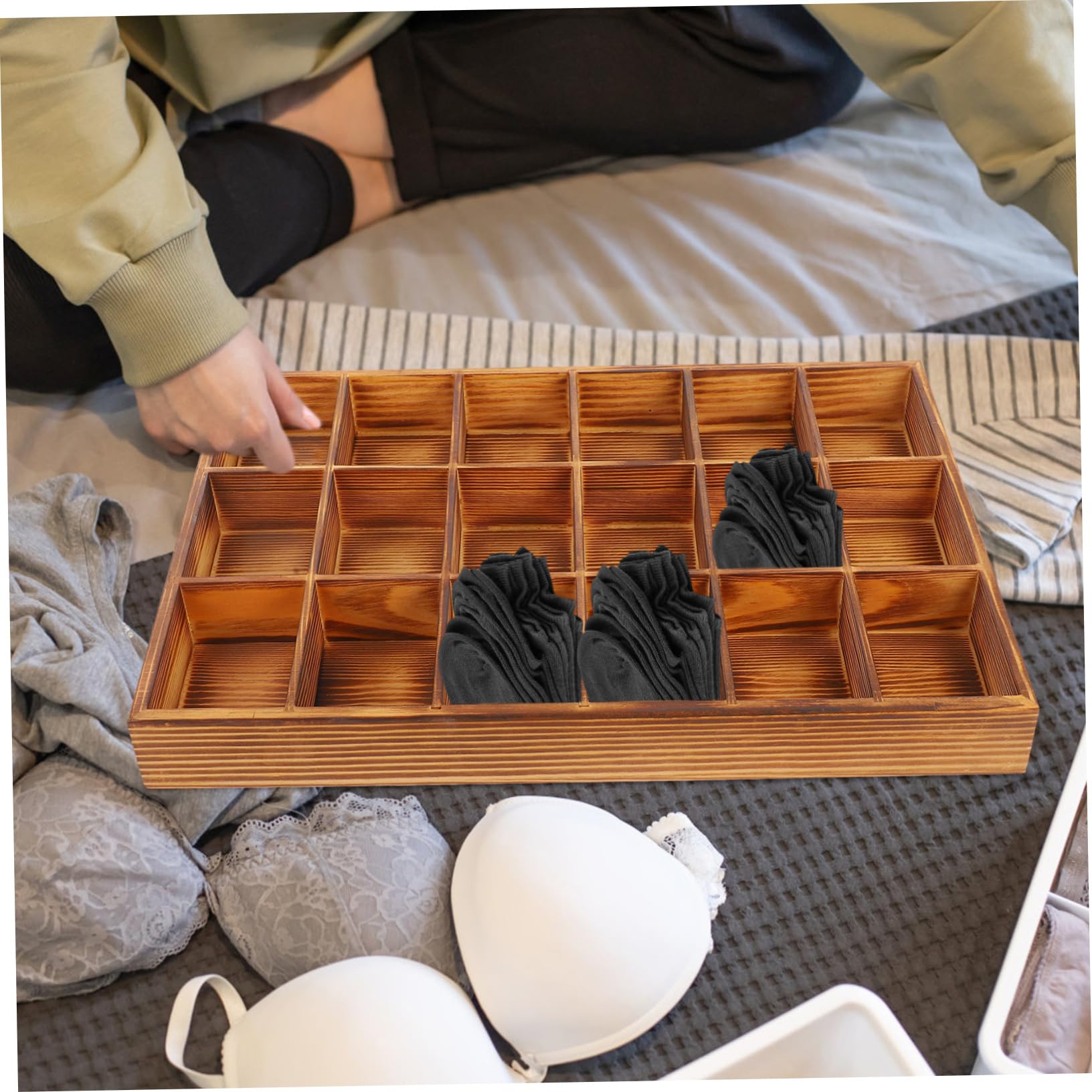 IMIKEYA Caja Organizadora De Madera 18 Compartimentos, Separador De Cajones Para Calcetines y Ropa Interior, Acabado Madera Natural, Organizador Funcional Para Armario y Hogar, 1 Unidad