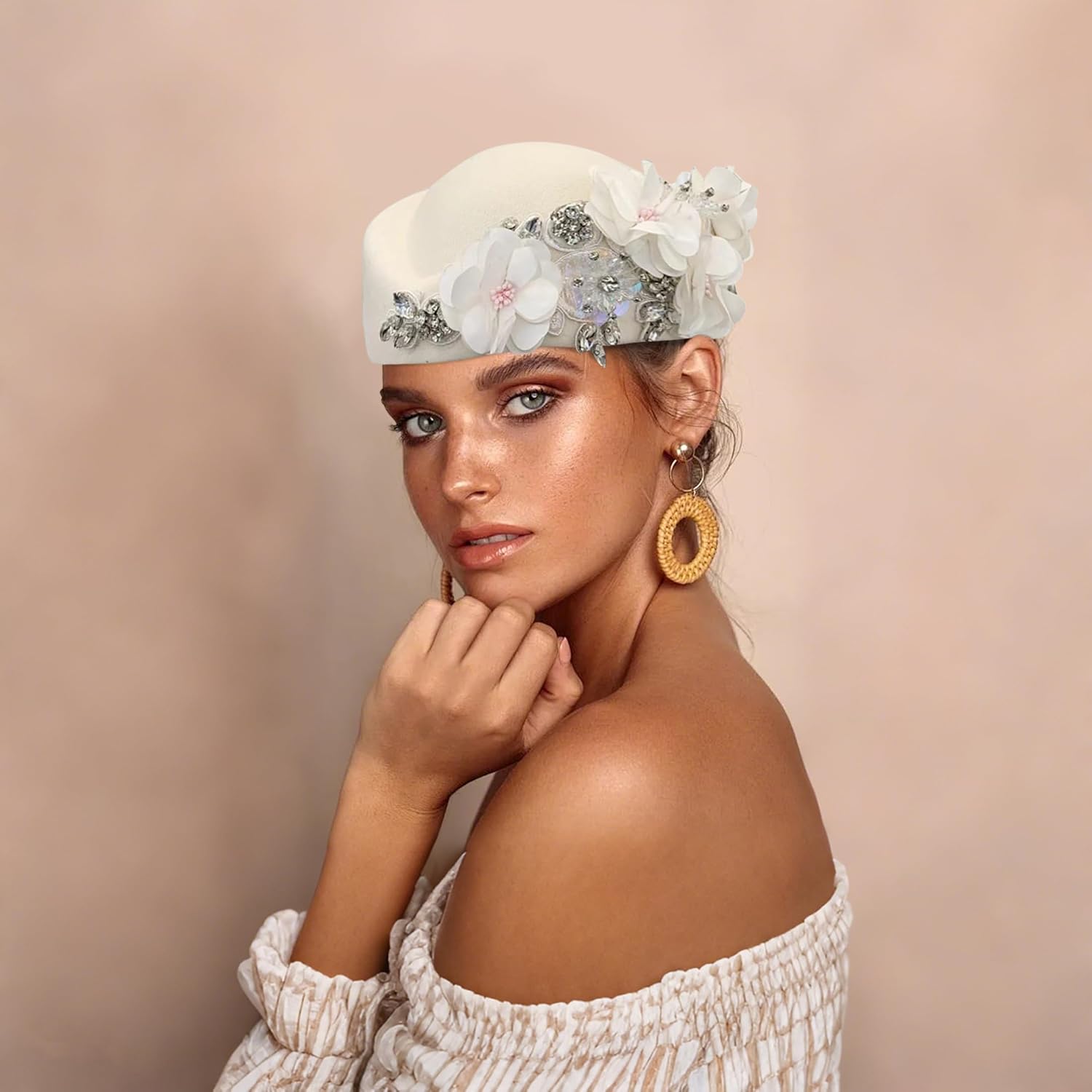 Beret Hats for Women British Felt hat Women's Church Derby Headdress Women's Floral hat Suitable for Wedding Parties Events