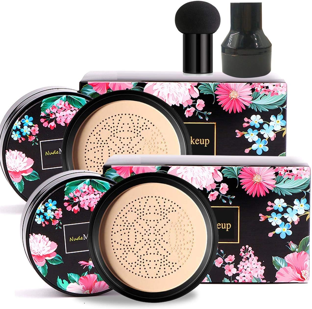 2 Pack Mushroom Head Air Cushion BB Cream, Concealer Lasting Nude Makeup Moisturizing Brightening Pigment CC Liquid Foundation