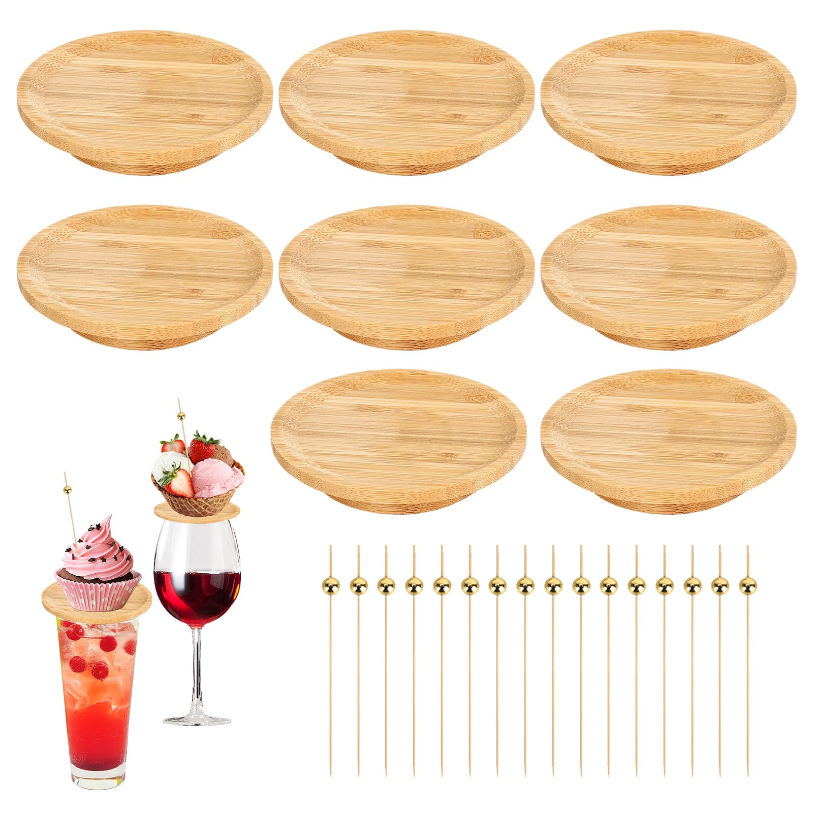 8 piezas de decoración para copas de vino de bambú con 16 varillas de madera para postres y aperitivos