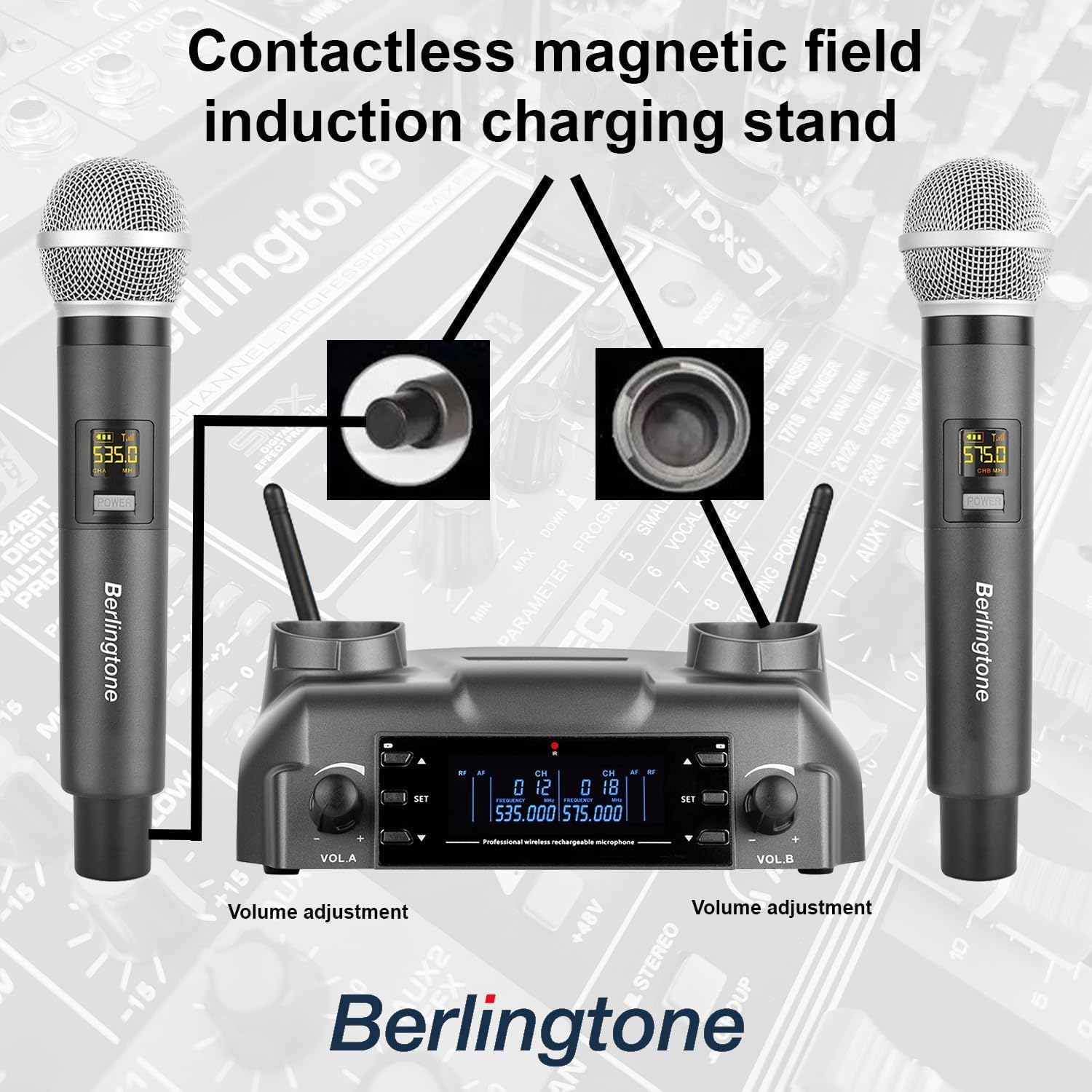Berlingtone) Professional Dual Dynamic Handheld UHF Wireless Microphone System, Magnetic Wireless Charging, 200 Adjustable Frequency Channels for Karaoke, Meeting, Church, up 200ft Range, BR-60UM - Image 4