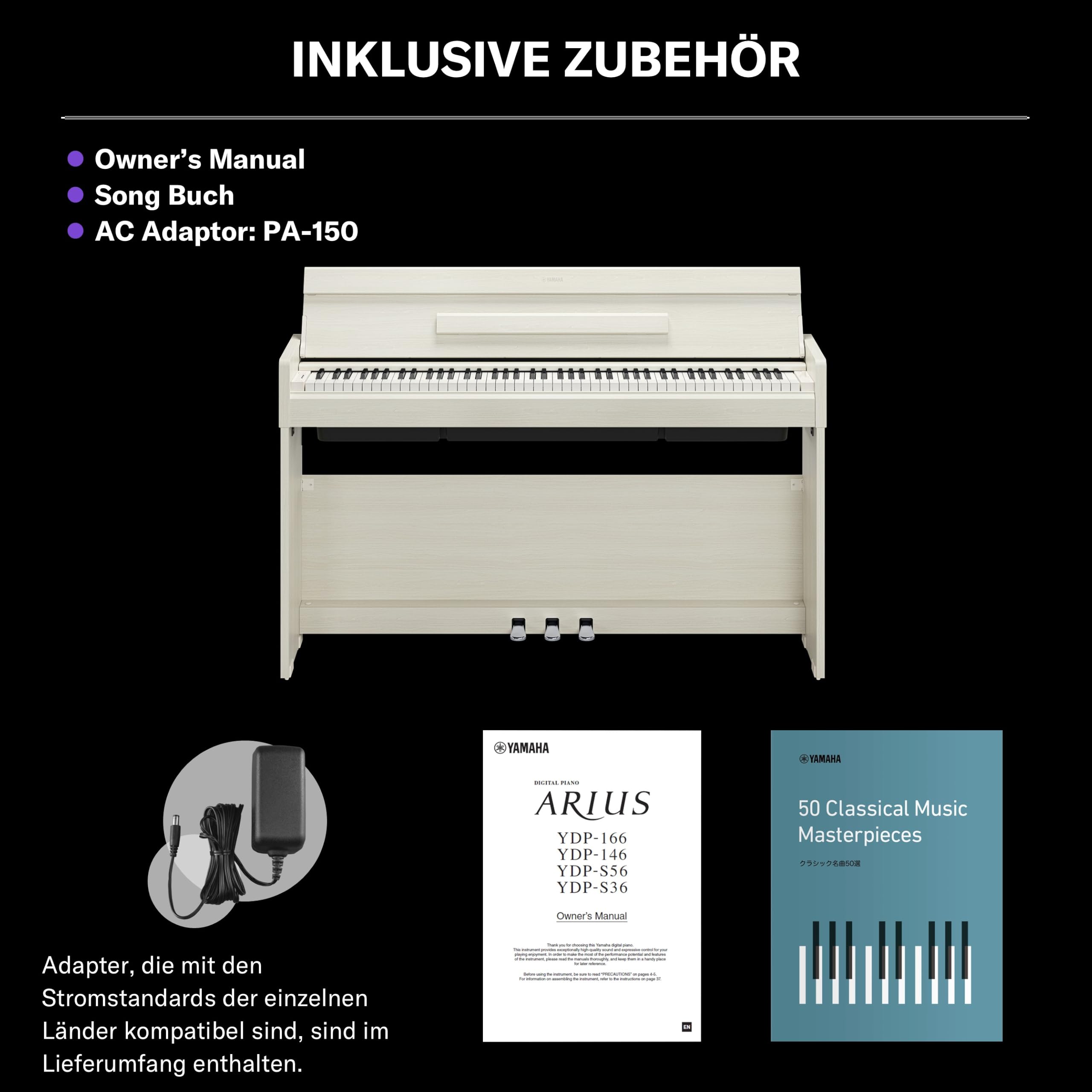 YAMAHA YDP-S36 Digitalpiano – 88 Gewichtete GHS-Tasten, CFX Concert Grand Sound, Schlankes Design, Bluetooth, 3 Pedale, Ideal für Zuhause & Anfänger – Weißbirke