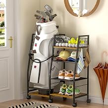 DAOUTIME Golf Bag Stand with Wheels, Golf Bag Organize for Garage Organization, Golf Storage Rack with Extra Storage Rack for Golf Clubs &amp; Golf Essentials, Ideal for Club, Shed, Basement