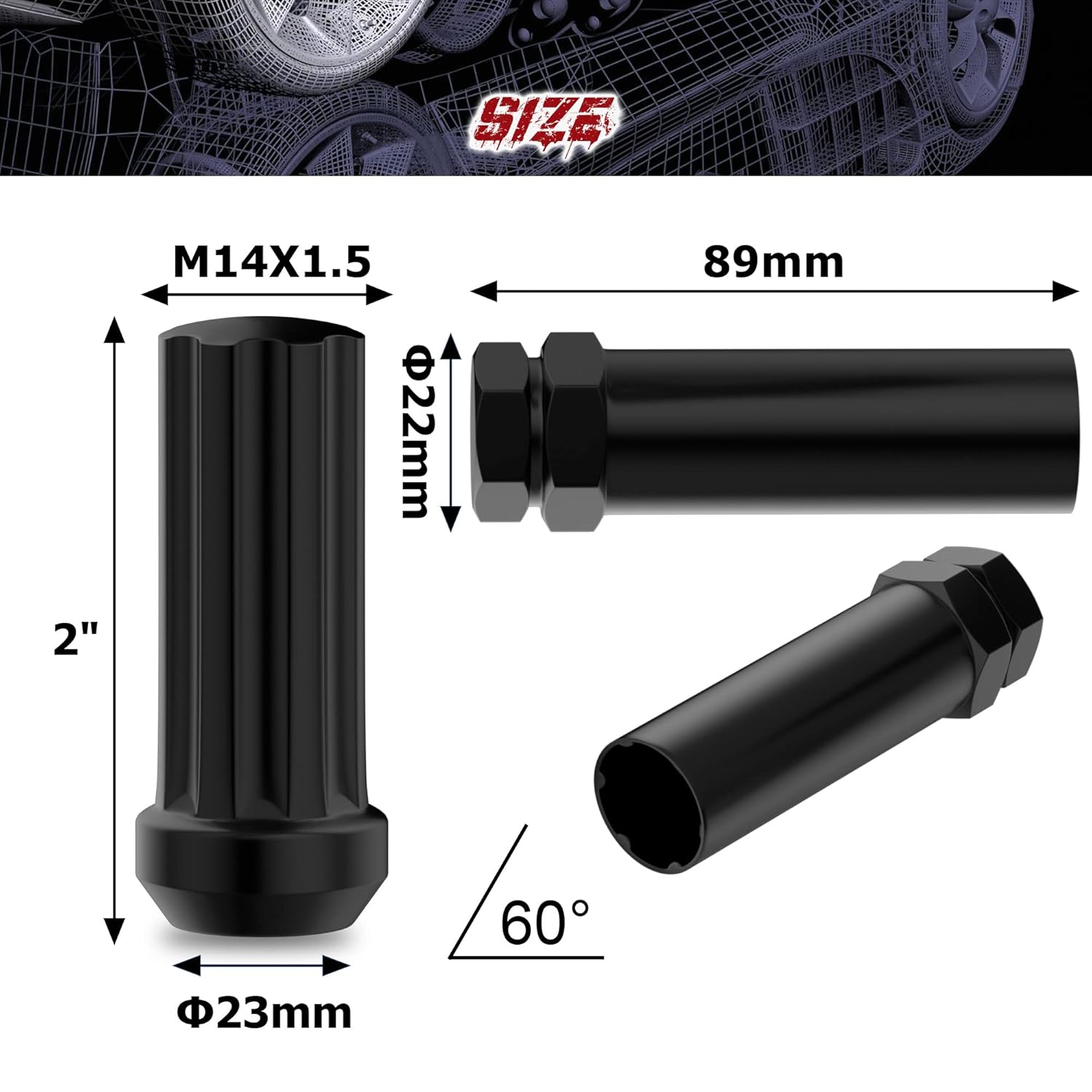 Richeer M14x1.5 Lug Nuts for Silverado Suburban Sierra 1500 Escalade Tahoe Traverse Yukon, 24pcs 14x1.5 Black Lug Nuts Long Extended XL 7 Spline with Socket Key for 6 Lug Aftermarket Wheels