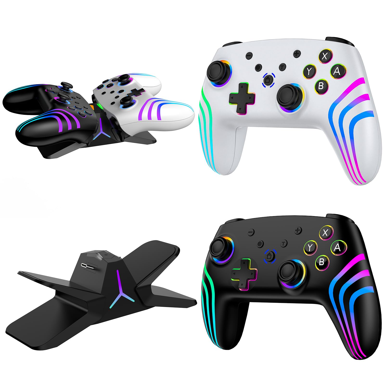 Controller Switch 2 (2 pezzi) con stazione di ricarica, controller Switch per Switch 2/Switch/Lite/OLED/PC, controller Switch 2 Pro con RGB/Wake-up/Giroscopio/Doppia vibrazione/Turbo/Screenshot