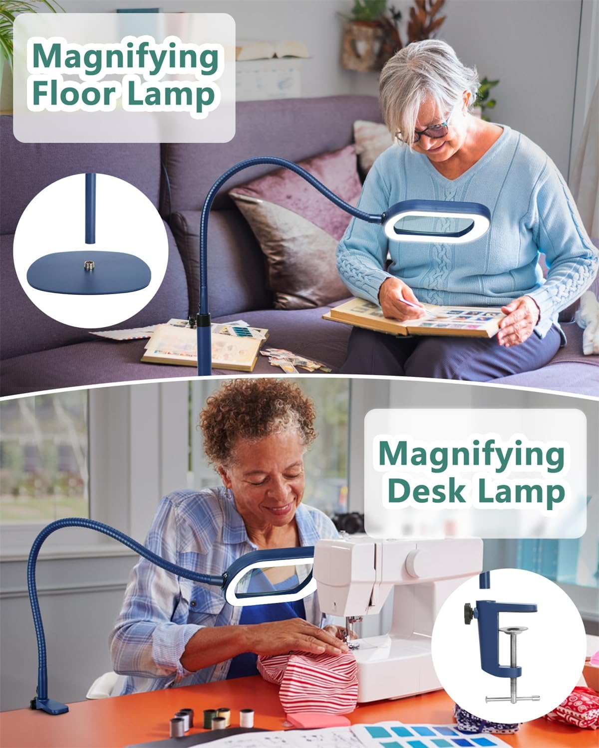 10X Rectangle Magnifying Glass with Light and Stand, 24" Flexible Gooseneck 3-in-1 Floor Lamp, 5 Color Modes Stepless Dimmable, LED Lighted Hands Free Magnifier for Reading Painting Close Work - Blue