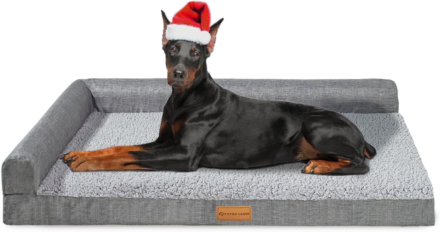 Patas Lague Orthopedic Jumbo Dog Bed for Extra Large Dogs 142x102cm, Waterproof L Bolster Pet Sofa Beds with Removable Washable Cover, Soft Comfortable Pet Couch Crate Mat with Nonskid Bottom, Grey