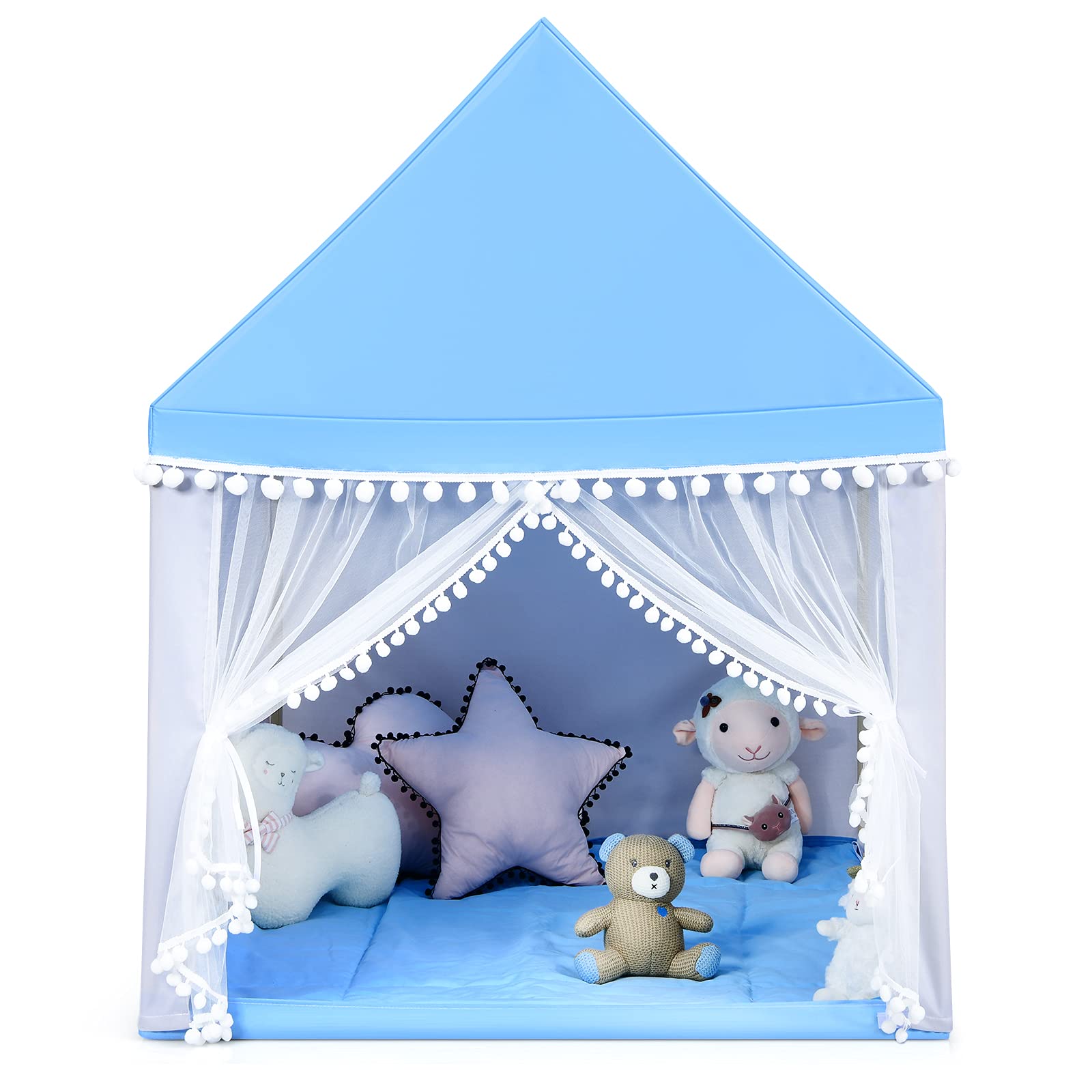 GYMAX Tenda per Bambini, Castello Giocattolo con Materasso Lavabile e Struttura in Legno Massello, Casetta per Bambini da Interno ed Esterno, Regalo di Compleanno o Natale (Blu)